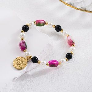 3/$35 18K Gold Plated Bracelet Tree Charm Pendant Pearl Bead Pink Steel